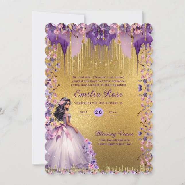 Purple Gold Sparkle Quinceanera Dress Floral Roses Invitation (Front)