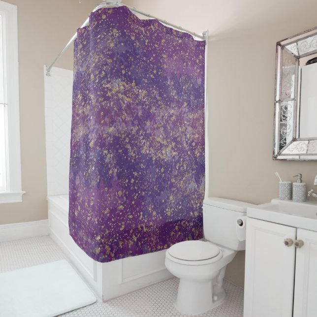 Purple & Gold Splatter Glam Modern Shower Curtain (In Situ)
