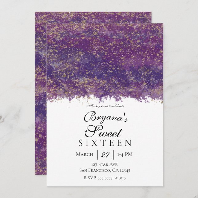 Purple Gold Splatter Modern Glam Sweet 16 Party Invitation (Front/Back)