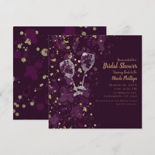 Purple & Gold Splatter Red Wine Modern Party Invitation (Front/Back)