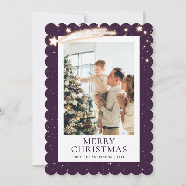 Purple Gold Starry Night Photo Merry Christmas Holiday Card (Front)
