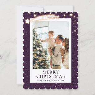 Purple Gold Starry Night Photo Merry Christmas Holiday Card