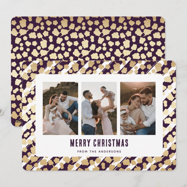 Purple Gold Stars 3 Photo Merry Christmas Card (Front/Back)