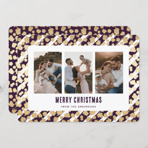 Purple Gold Stars 3 Photo Merry Christmas Card