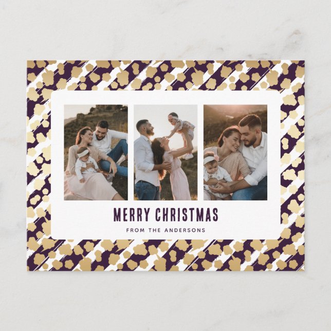 Purple Gold Stars 3 Photo Merry Christmas Holiday Postcard (Front)