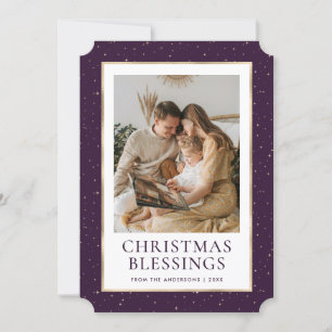Purple Gold Stars Christmas Blessings Photo Holiday Card