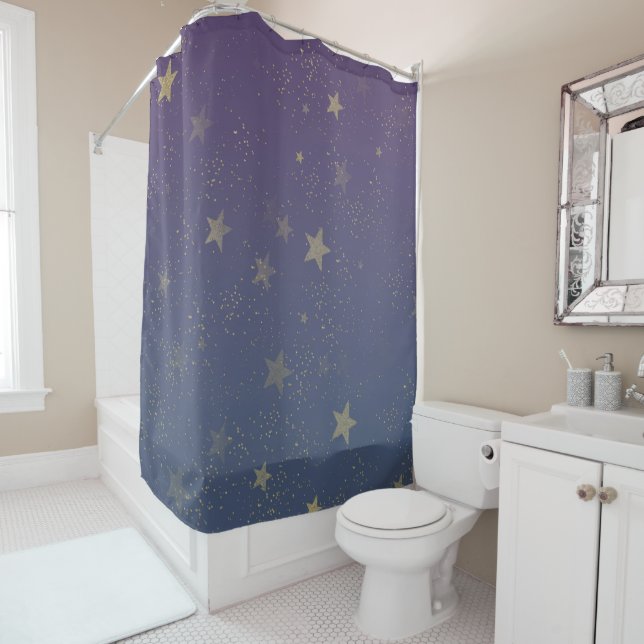 Purple Gold Stars Confetti Shower Curtain (In Situ)