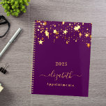 Purple gold stars elegant girly appointments 2025 planner<br><div class="desc">A stylish girly and feminine dark purple colored background with shining faux gold stars dripping, drips. Personalize and add a year, any year, name, and title. A planner for organizing business clients, to do lists, or your daily life. The name is written with a large trendy hand lettered script with...</div>