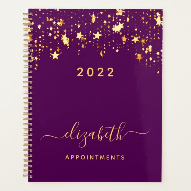 Purple gold stars elegant girly appointments 2026 planner (Front)
