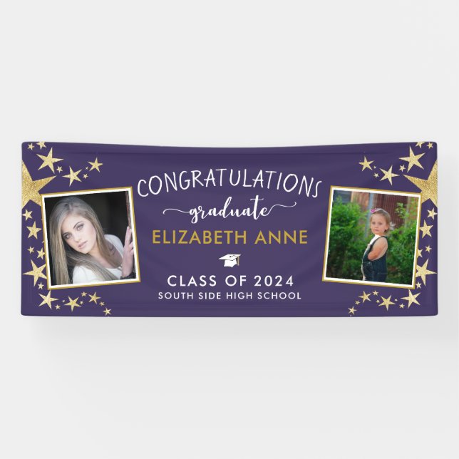 Purple & Gold Stars Photo Congratulations Graduate Banner (Horizontal)