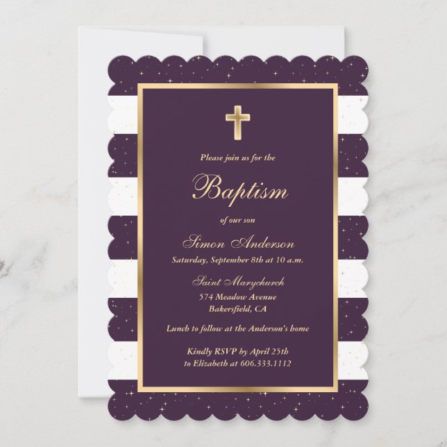 Purple Gold Stars Striped Baptism Invitation (Front)