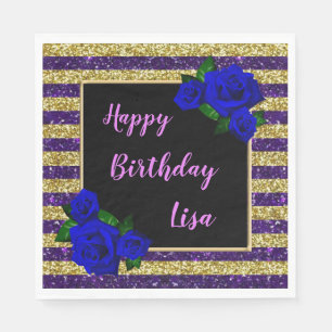 Purple Gold Stripe Glitter Deep Blue Rose Birthday Napkin