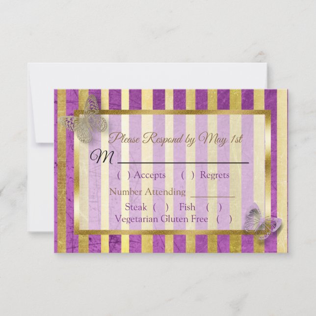 Purple & Gold Striped Butterfly Wedding RSVP card (Front)