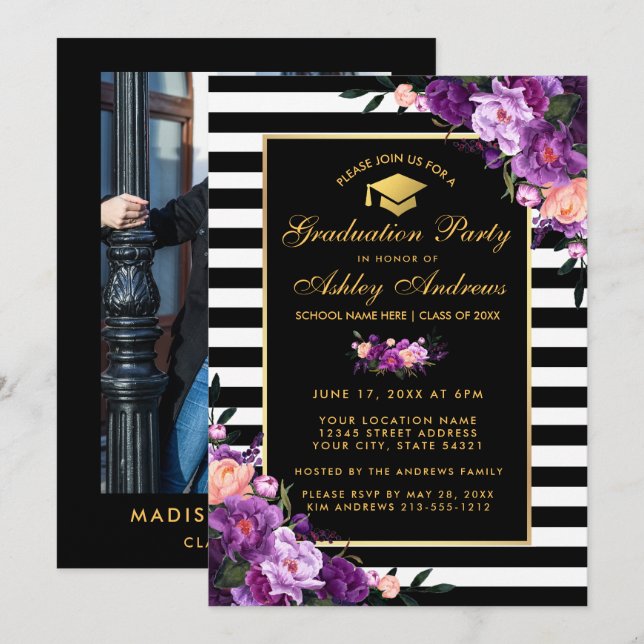 Purple Gold Striped Graduation Invite - Back Photo (Front/Back)