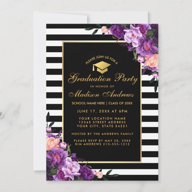 Purple Gold Striped Graduation Party Invitation (Front)