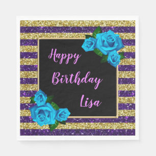 Purple Gold Stripes Glitter Blue Roses Birthday Napkin