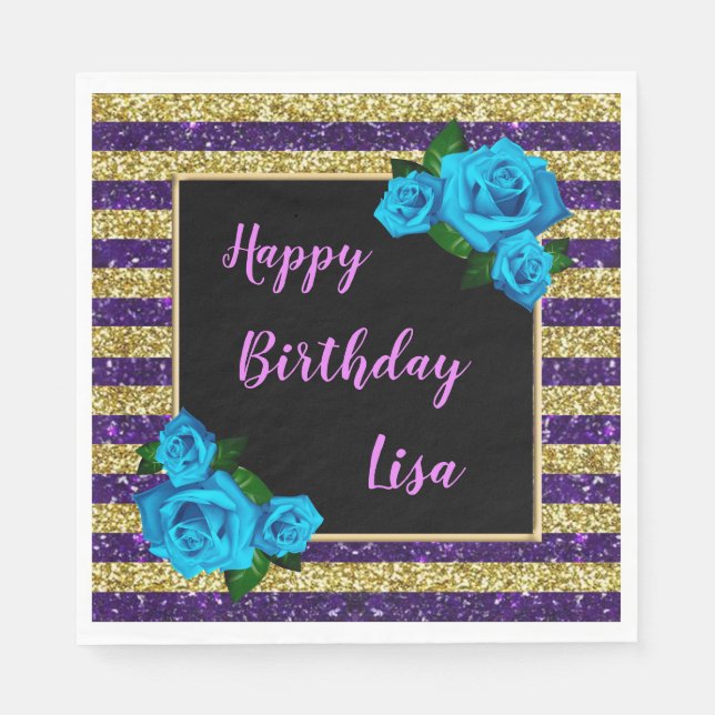 Purple Gold Stripes Glitter Blue Roses Birthday Napkin (Front)