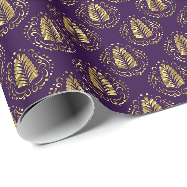 Purple & Gold Stylised Feather Modern Damasks Wrapping Paper (Roll Corner)