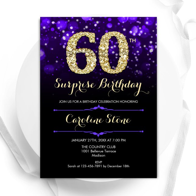 Purple Gold Surprise 60th Birthday Invitation (Creator Uploaded)