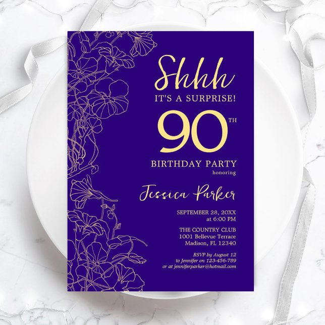 Purple Gold Surprise 90th Birthday Invitation (Creator Uploaded)