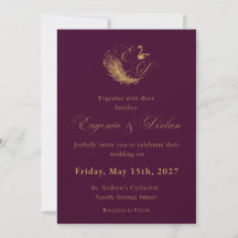 Purple & Gold Swan Crest Wedding Invitation