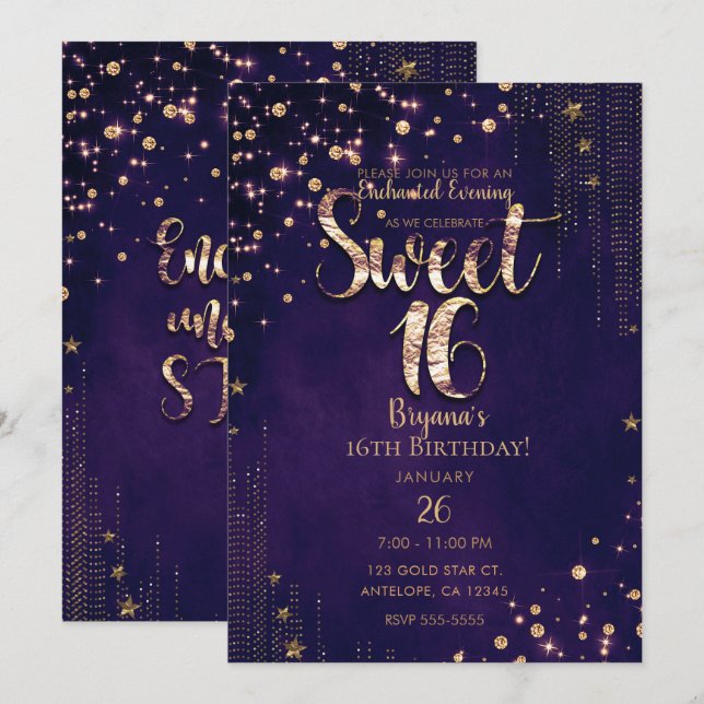 Purple & Gold Sweet 16 Whimsical Stars Party Invitation (Front/Back)