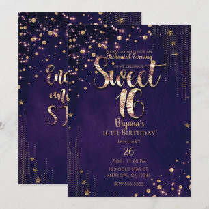 Purple & Gold Sweet 16 Whimsical Stars Party Invitation