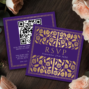 Purple Gold Sword Royal Wedding RSVP QR Code Enclosure Card
