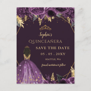 Purple Gold Tan Princess Floral Quinceañera Announcement Postcard