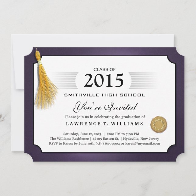 Purple & Gold Tassel Diploma Graduation Invitation (Front)