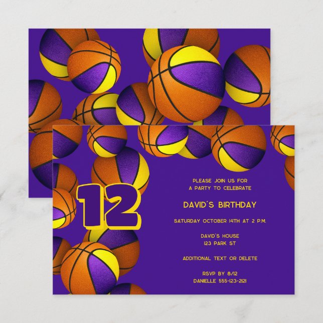 purple gold team colours basketballs birthday invitation (Front/Back)