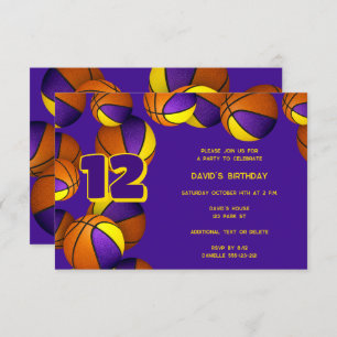 purple gold team colours basketballs birthday invitation