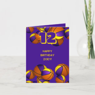 purple gold team colours basketballs kids birthday card