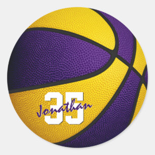 purple gold team colours boys girls basketball classic round sticker