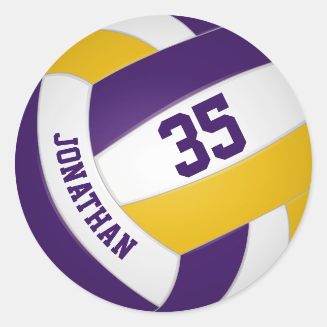 purple gold team colours boys girls volleyball classic round sticker (Front)