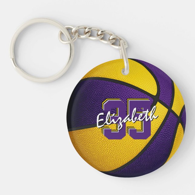 purple gold team colours girls boys basketball key ring (Front)