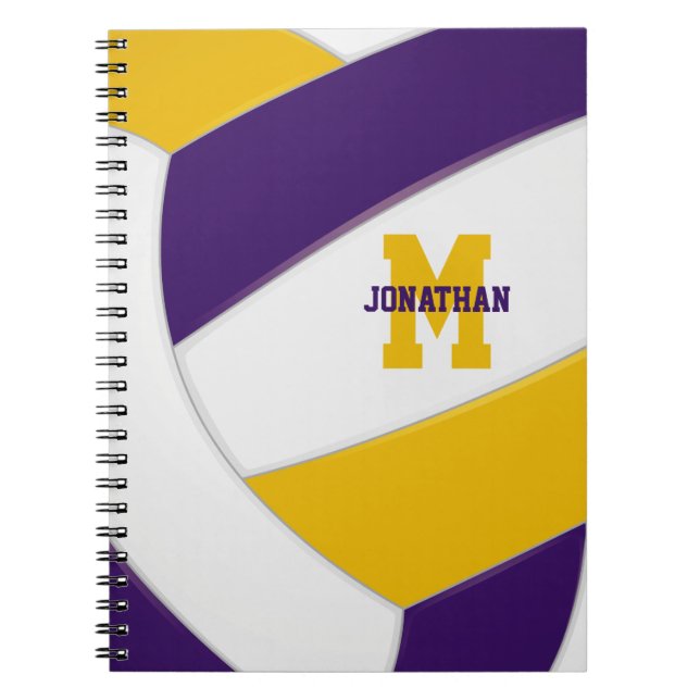 purple gold team colours girls boys volleyball  notebook (Front)