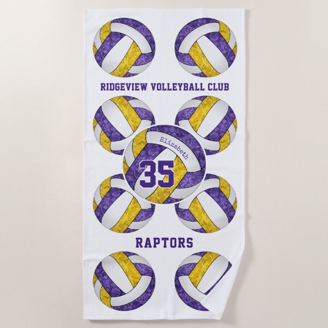 purple gold team colours girly volleyballs pattern beach towel (Front)