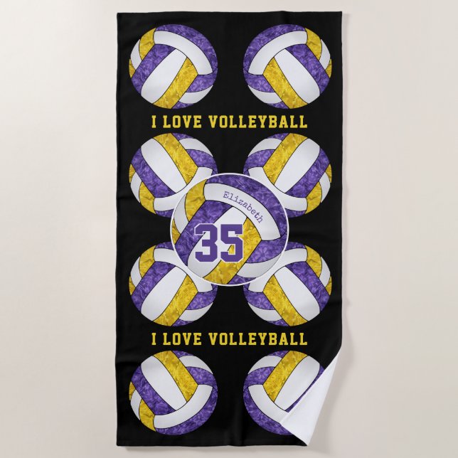 purple gold team colours I love volleyball girly Beach Towel (Front)