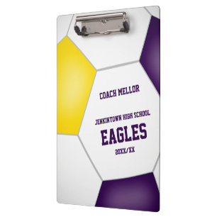 Purple gold team colours kids soccer coach  clipboard