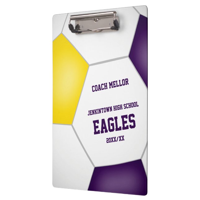 Purple gold team colours kids soccer coach  clipboard (Left)
