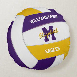 purple gold team colours kids volleyball round cushion