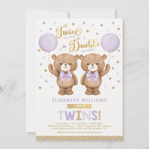 Purple Gold Teddy Bear Balloon Twin Baby Shower Invitation