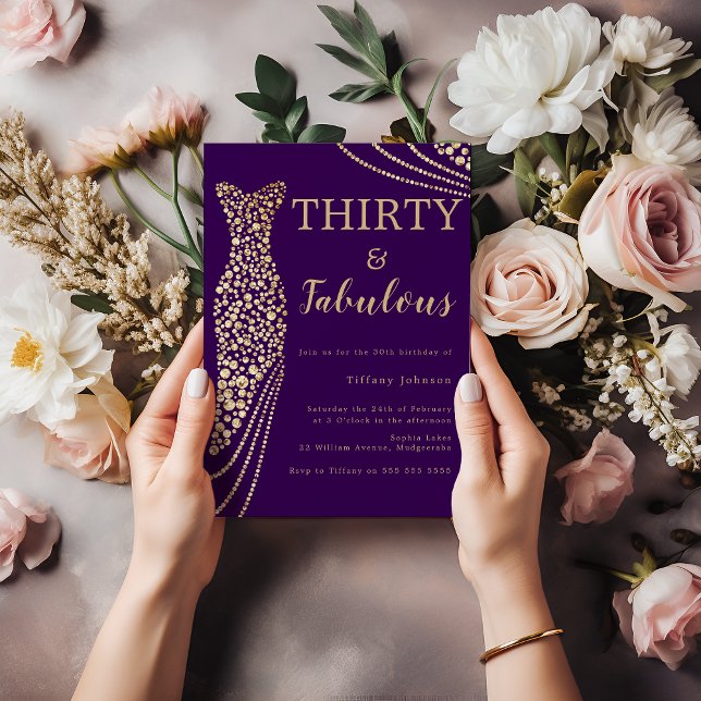 Purple & Gold Thirty & Fabulous 30th Birthday Invitation (Creator Uploaded)