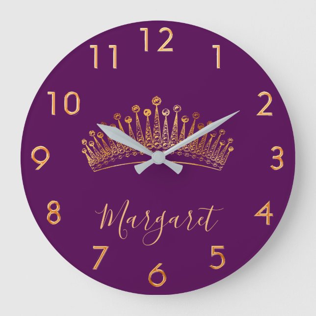 Purple gold tiara crown name elegant large clock (Front)