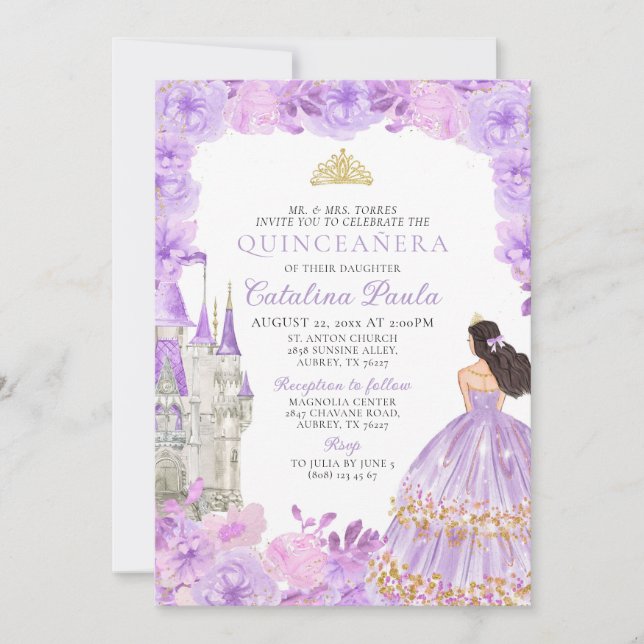 Purple Gold Tiara Princess Quinceañera Invitation (Front)