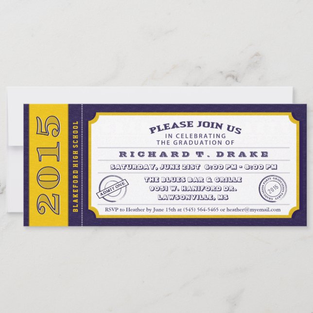 Purple & Gold Ticket Graduation Party Invitation (Front)