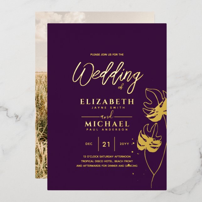 Purple Gold Tropical Leaf Destination Wedding (Front/Back)