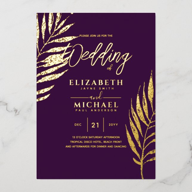 Purple Gold Tropical Leaf Destination Wedding (Front)