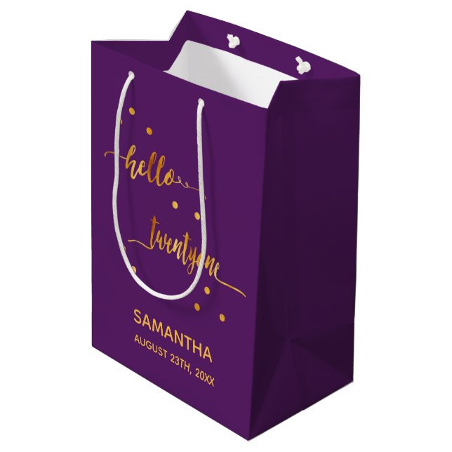 Purple gold typography 21st birthday medium gift bag (Back Angled)